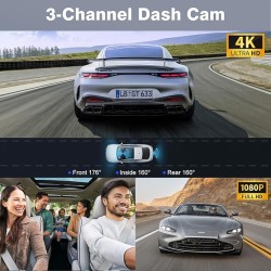 4K WiFi Dash Cam Front and Rear Inside, 2160P+1080P+1080P FHD 3 Channel Dash Camera for Cars, 360° All Sides Dashcam, Free 64G SD Card