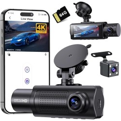 4K WiFi Dash Cam Front and Rear Inside, 2160P+1080P+1080P FHD 3 Channel Dash Camera for Cars, 360° All Sides Dashcam, Free 64G SD Card