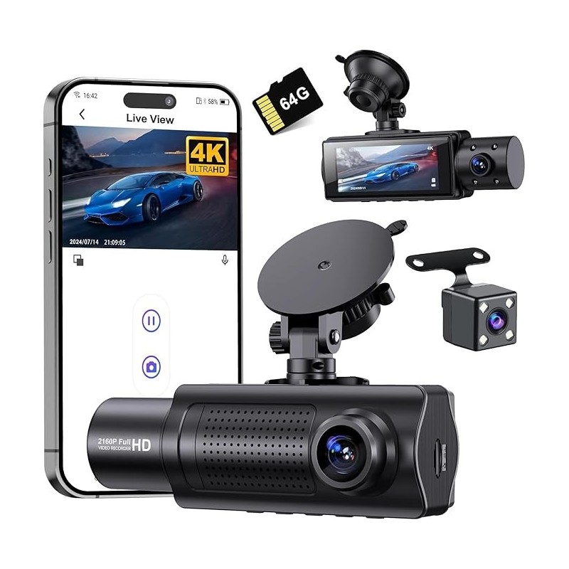 4K WiFi Dash Cam Front and Rear Inside, 2160P+1080P+1080P FHD 3 Channel Dash Camera for Cars, 360° All Sides Dashcam, Free 64G SD Card