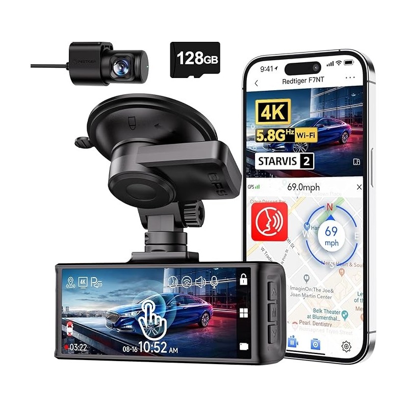 K Dash Cam Front and Rear, STARVIS 2 Sensor, Touch Screen 3.18", 128GB Card Included, Voice Control, 5.8GHz WiFi Car Dash Camera