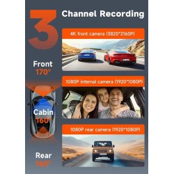 3 Channel 4K WiFi Dash Cam Front and Rear Inside,4K+1080P+1080P 170°Wide Angle WDR Night Vision Mini 3 Dash cam with App, G-Senso