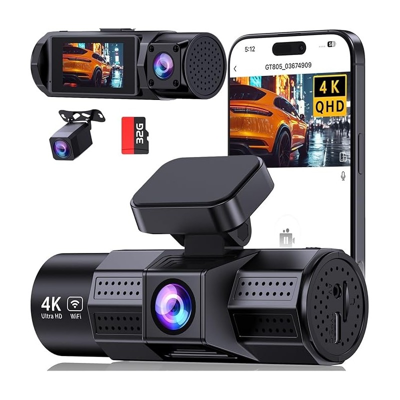 3 Channel 4K WiFi Dash Cam Front and Rear Inside,4K+1080P+1080P 170°Wide Angle WDR Night Vision Mini 3 Dash cam with App, G-Senso
