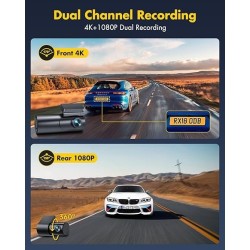 Dash Cam Front and Rear Camera – 4K+1080P Dual Dash Camera for Cars with 64GB SD Card, 5GHz WiFi & App Control, Night Vision, Parking Mode, G-Sensor, Loop Recording