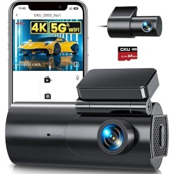 Dash Cam Front and Rear Camera – 4K+1080P Dual Dash Camera for Cars with 64GB SD Card, 5GHz WiFi & App Control, Night Vision, Parking Mode, G-Sensor, Loop Recording