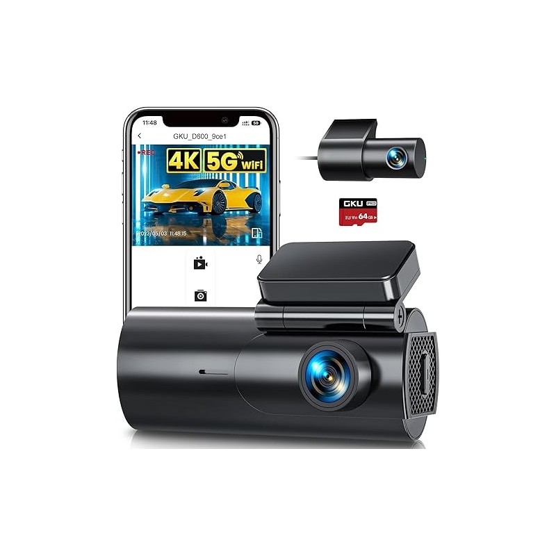 Dash Cam Front and Rear Camera – 4K+1080P Dual Dash Camera for Cars with 64GB SD Card, 5GHz WiFi & App Control, Night Vision, Parking Mode, G-Sensor, Loop Recording