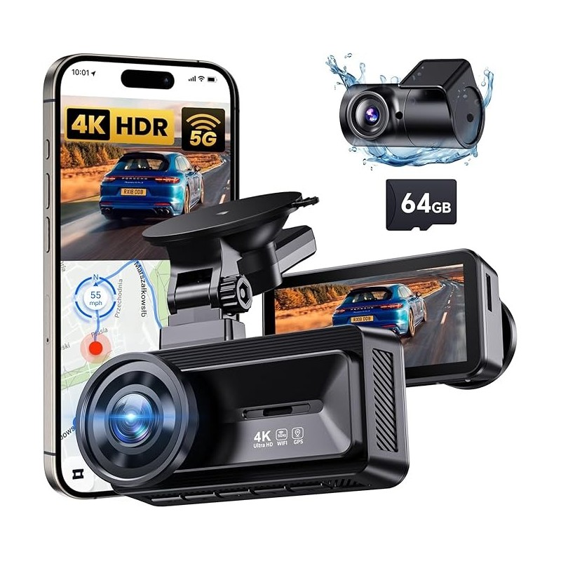 Dash Cam Front Rear: 4K+1080P Full HD Dashcam Free 64GB Card, with 5G WiFi GPS, Dual Dash Camera for Cars with 3" IPS Screen, Night Vision