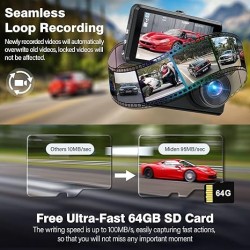 2.5K Dash Cam Front and Rear,64G SD Card,1600P+1080P FHD Dual Dash Camera for Cars,176°+160° Wide Angle,3.2'' IPS Screen Dashcam