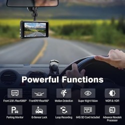 2.5K Dash Cam Front and Rear,64G SD Card,1600P+1080P FHD Dual Dash Camera for Cars,176°+160° Wide Angle,3.2'' IPS Screen Dashcam