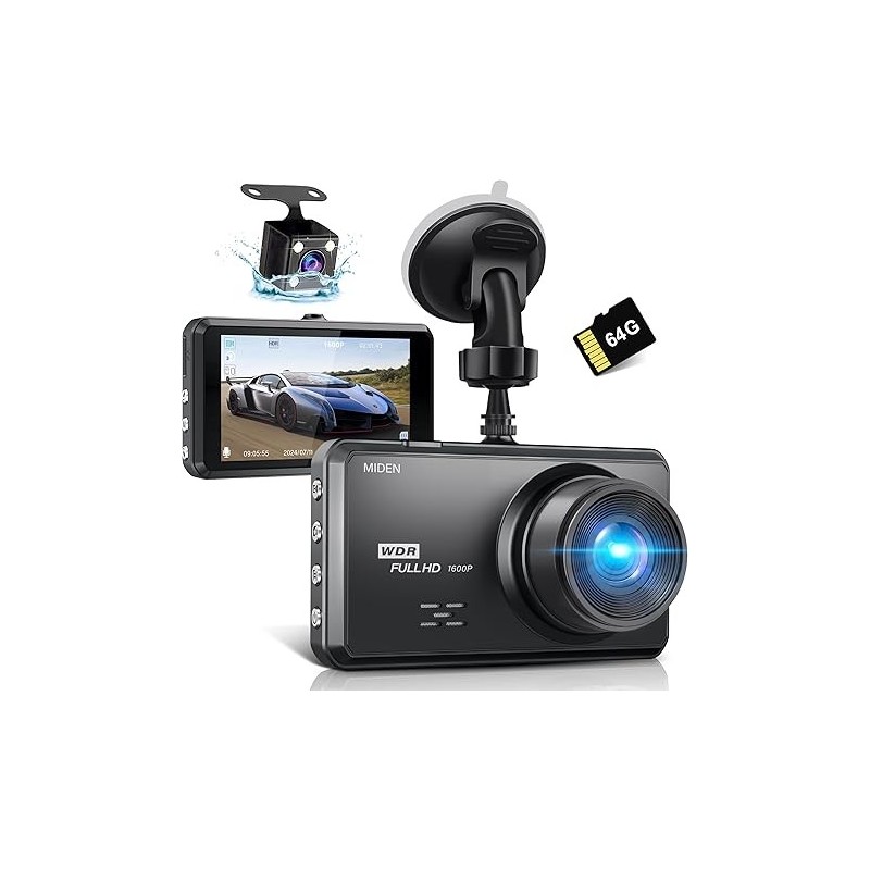 2.5K Dash Cam Front and Rear,64G SD Card,1600P+1080P FHD Dual Dash Camera for Cars,176°+160° Wide Angle,3.2'' IPS Screen Dashcam