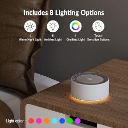 White Noise Sound Machine with Nursery Lamp, Mood Lighting, 7 Colour Night Light, 30 Soothing Sounds for Baby/Adult. Timer, Plug in, Memory Function, Touch Control